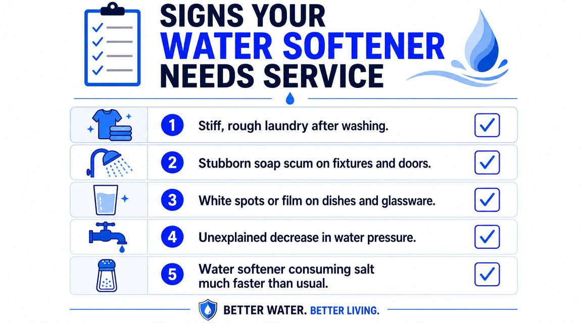 An infographic showing five common signs that your home water softener system requires professional service or maintenance.