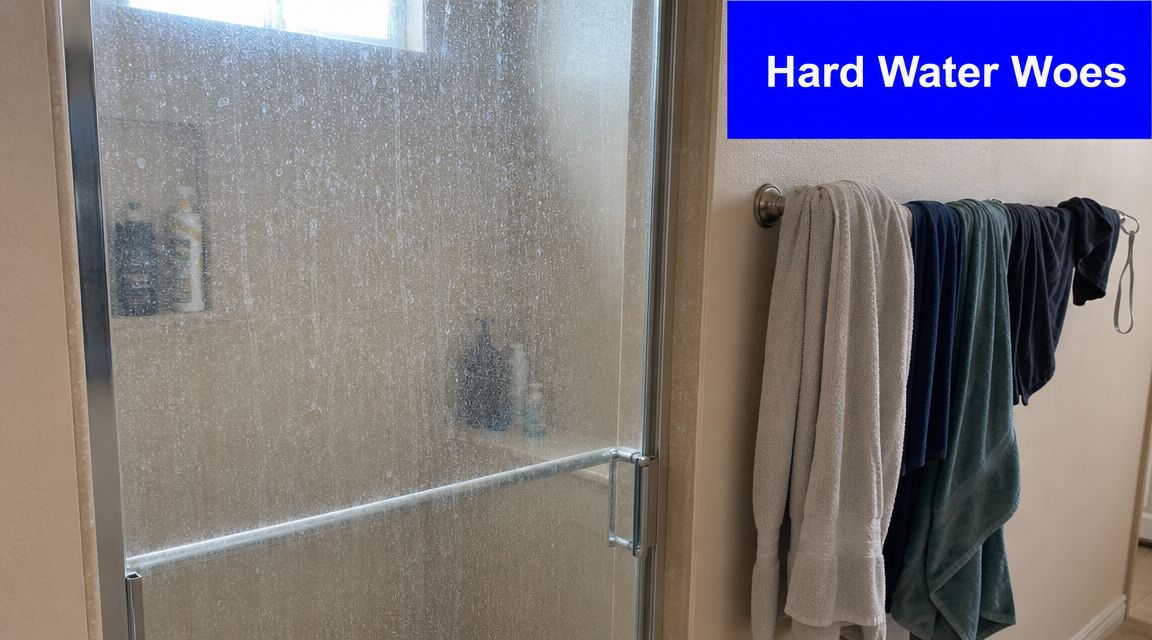 A glass shower door covered in white hard water mineral deposits next to a towel rack.