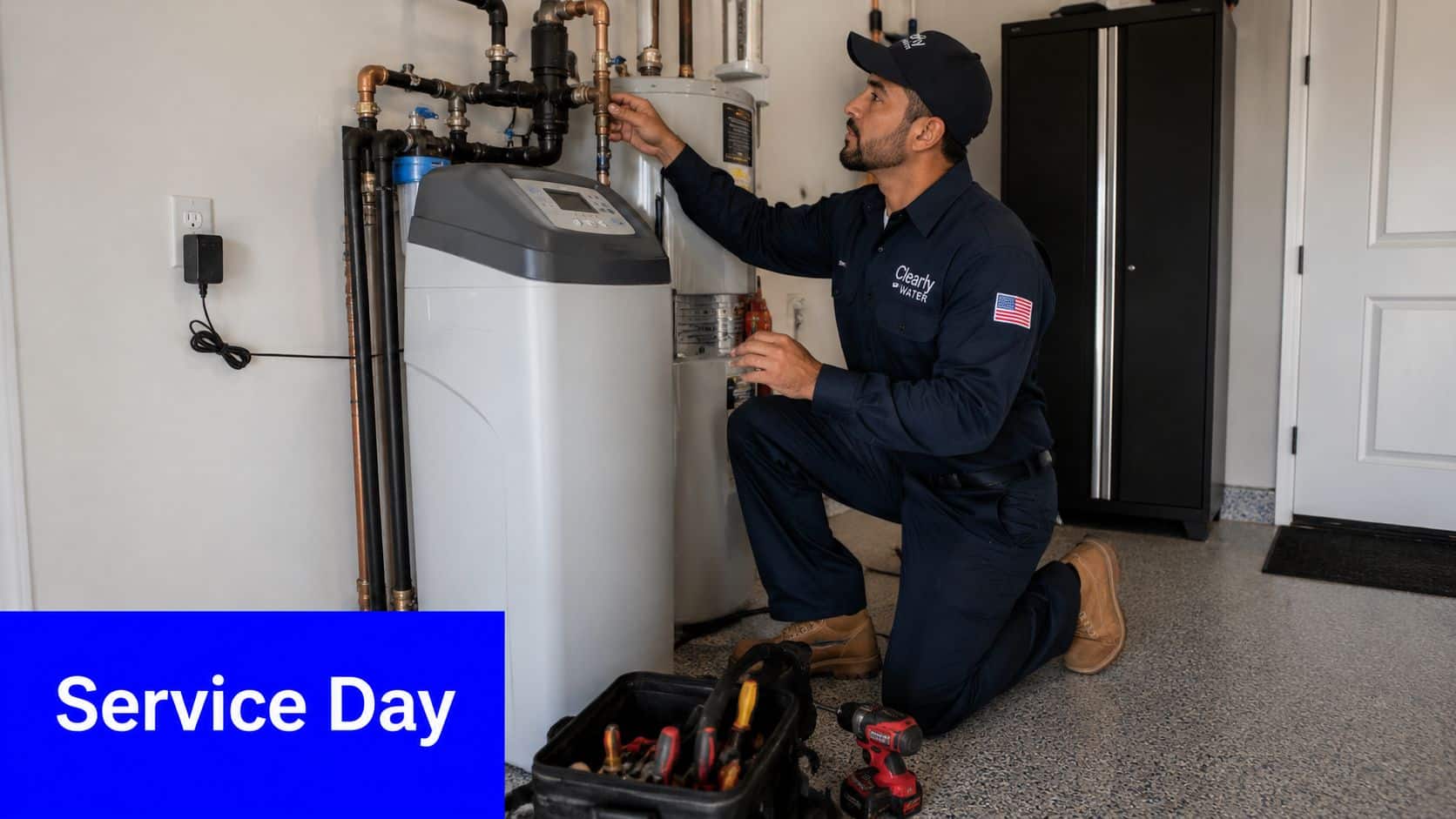 A professional technician from Clearly Water installing or servicing a water softener system in a garage.