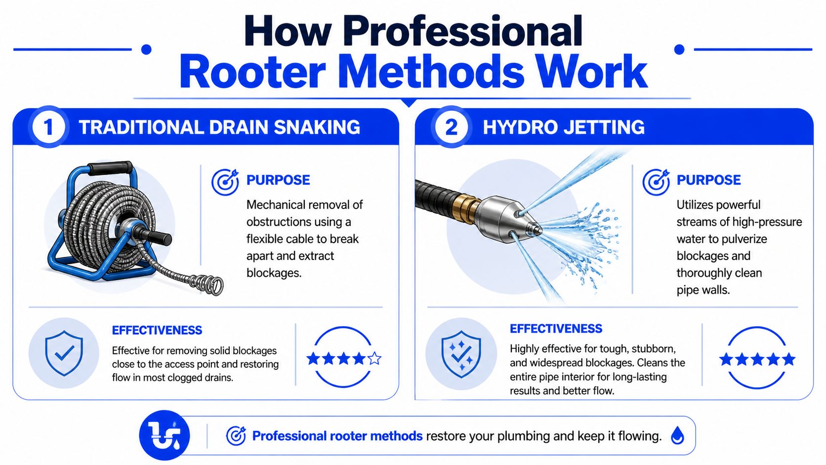 A diagram comparing traditional drain snaking and hydro jetting methods used by professional plumbing rooter services.