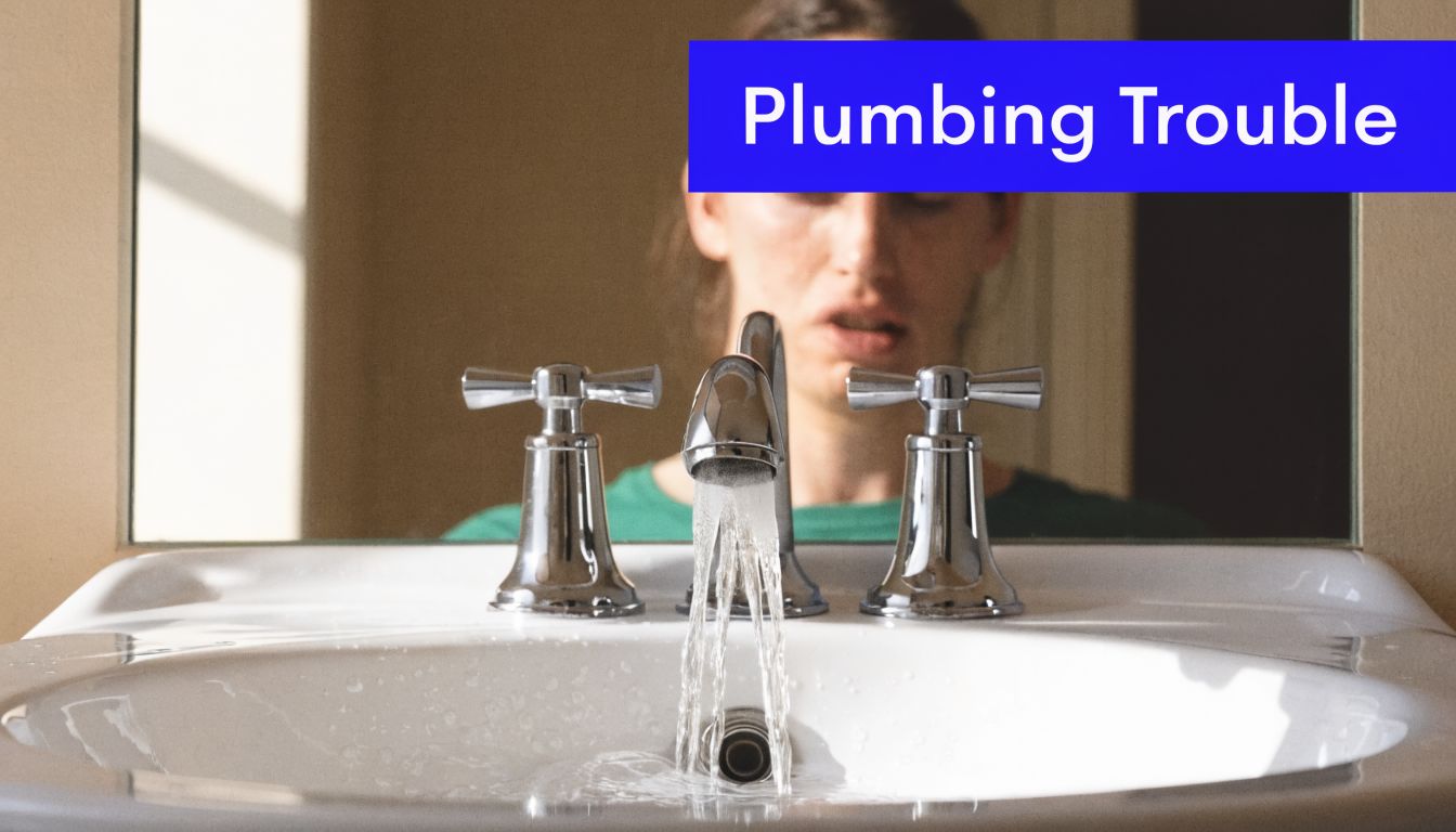 A person reflecting in a bathroom mirror with a running faucet, illustrating a plumbing service issue.