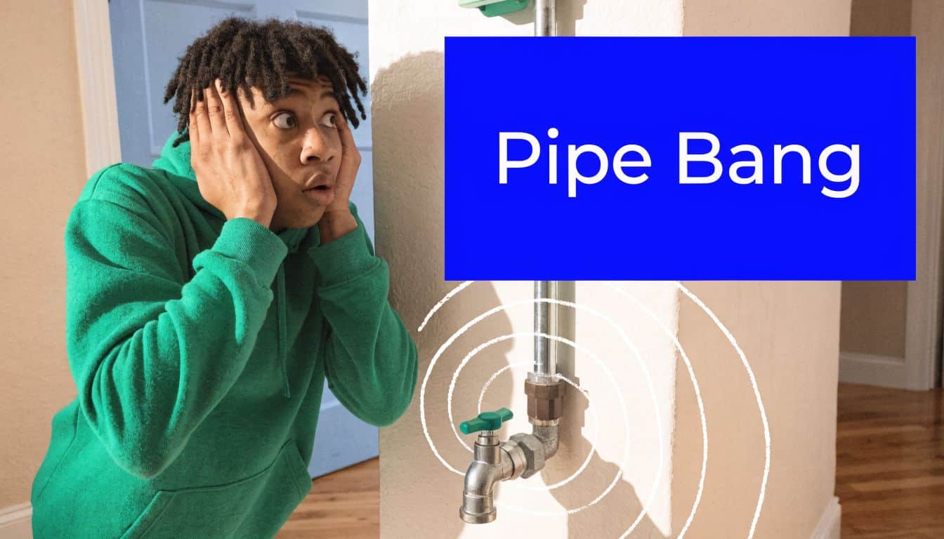 A young man looking surprised while holding his head next to a plumbing pipe with sound waves.