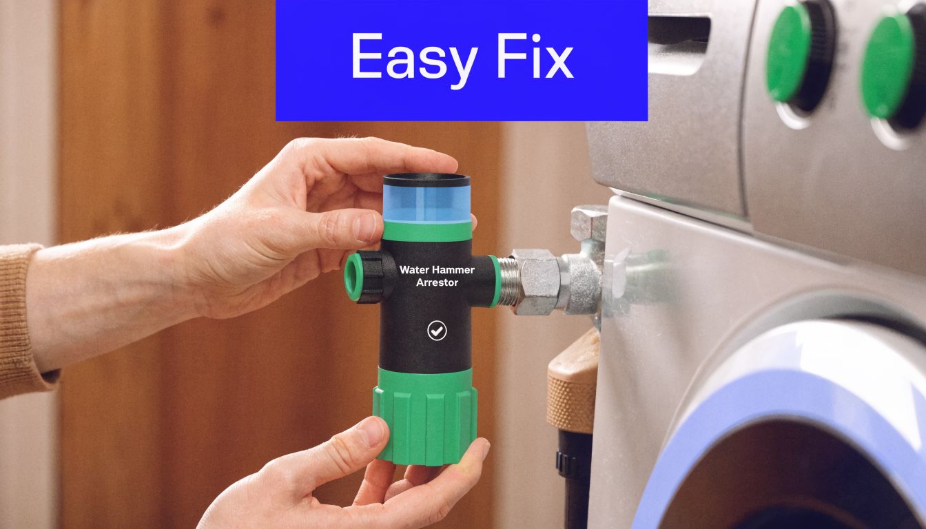 A person holding a water hammer arrestor device next to a washing machine connection for installation.