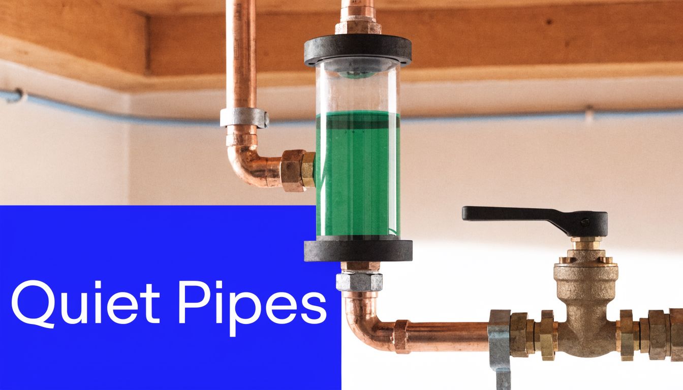 A close-up view of a copper plumbing system featuring a transparent water hammer arrestor with green liquid.