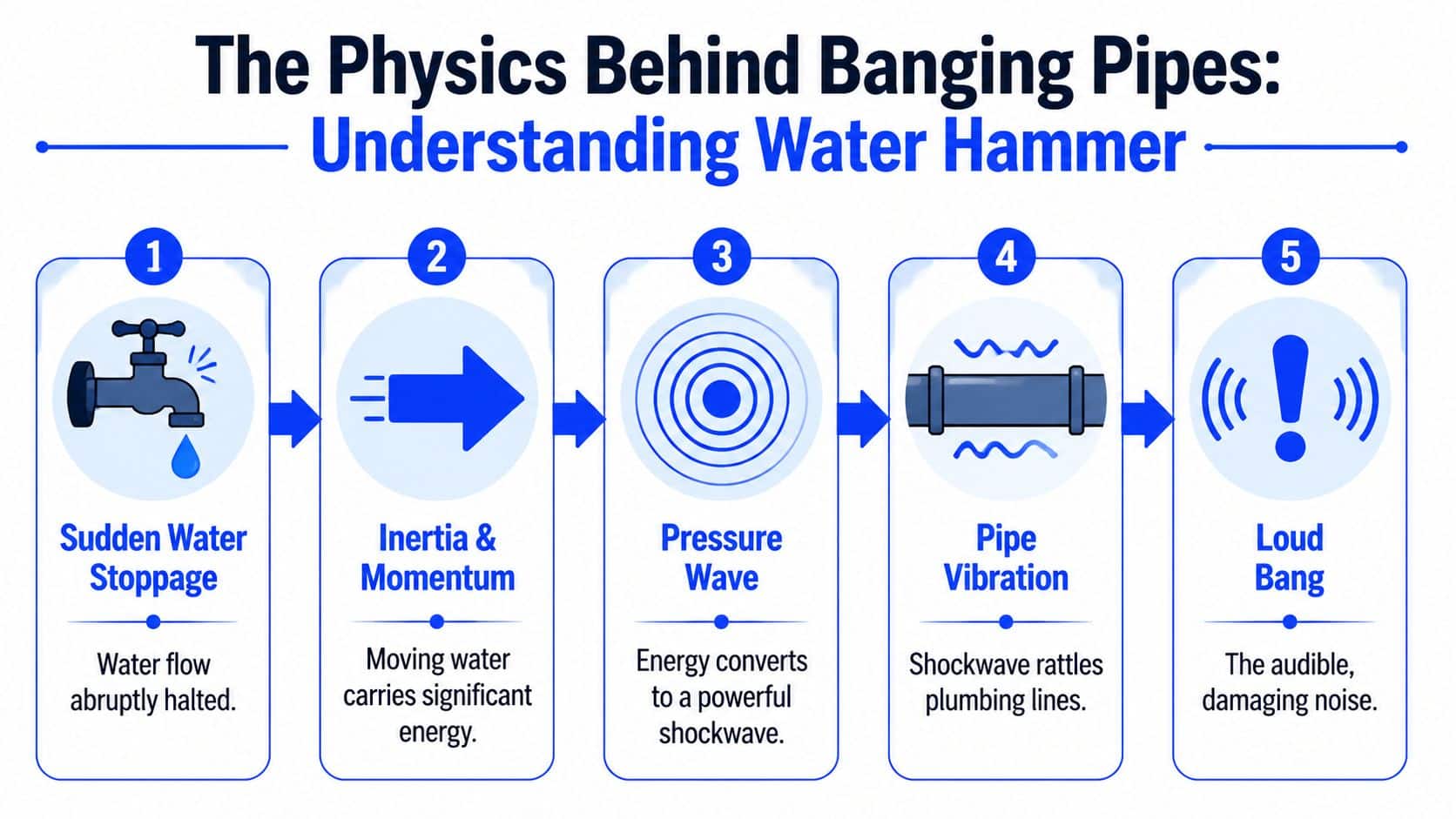 A five-step infographic explaining the physics of water hammer in pipes starting from sudden water stoppage.