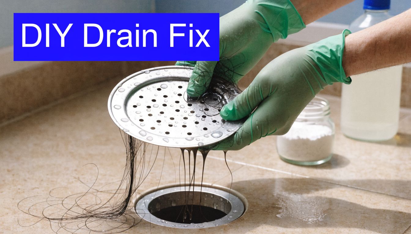 A person wearing green rubber gloves holding a hair-clogged metal shower drain cover over a bathroom sink.