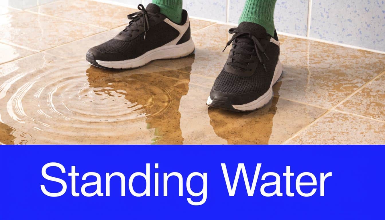A person standing in a puddle of water on tiled flooring in a bathroom area.