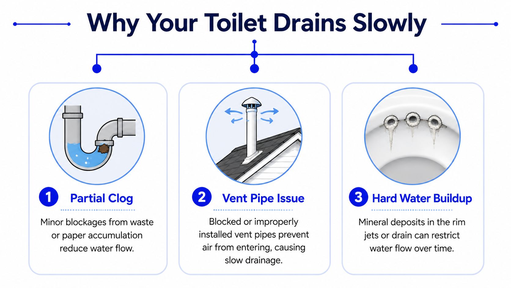 An infographic showing three common reasons why a toilet drains slowly, including clogs, vent issues, and mineral buildup.