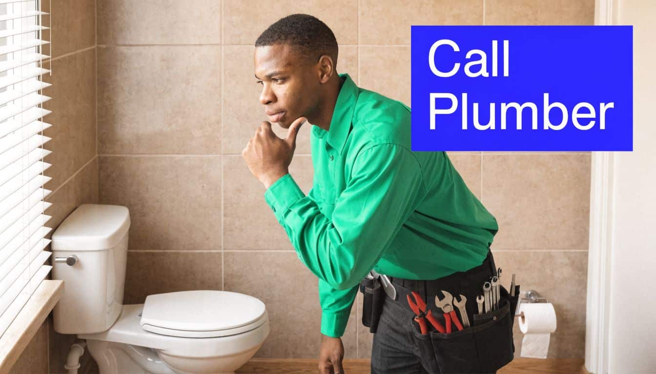A professional plumber in a green shirt pondering a toilet issue in a tiled bathroom.