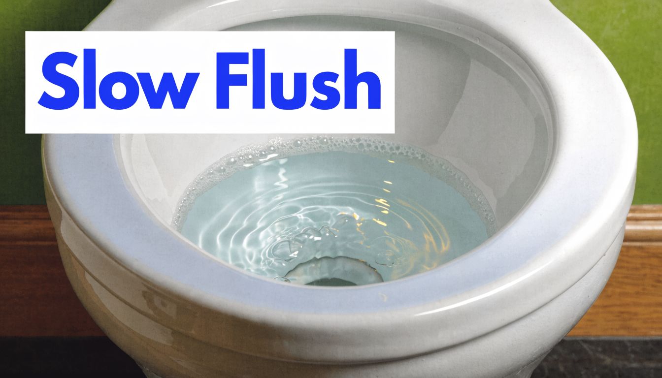 A close-up view of a white ceramic toilet bowl containing water, representing a slow flush problem.