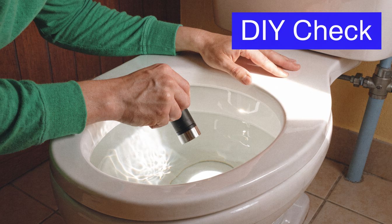 A person inspects a toilet bowl with a flashlight to troubleshoot why it is draining slowly.