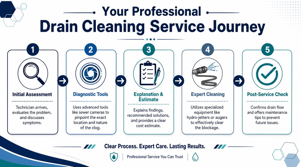 A professional 5-step infographic explaining the drain cleaning service process from assessment to final check.