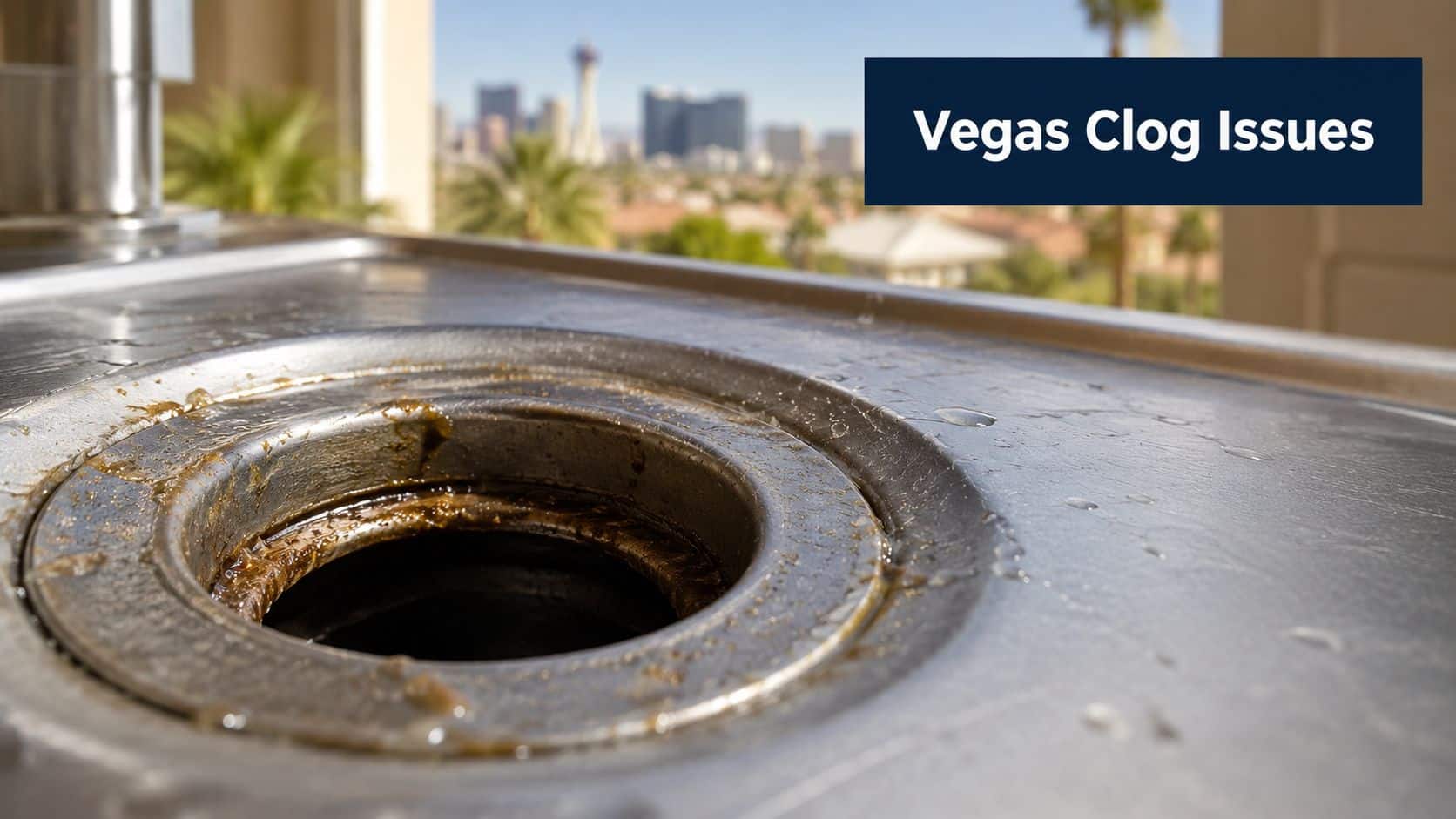 A close-up view of a dirty, grease-clogged kitchen sink drain with a blurred Las Vegas skyline background.