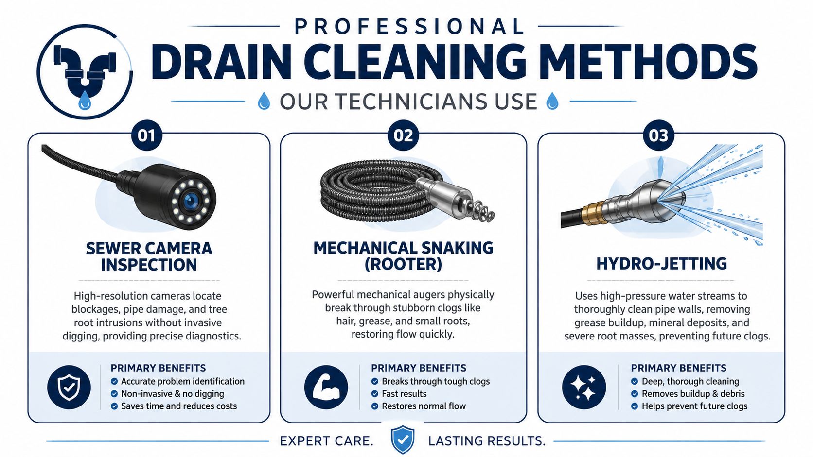 An infographic illustrating three professional drain cleaning methods including sewer camera inspection, mechanical snaking, and hydro-jetting.