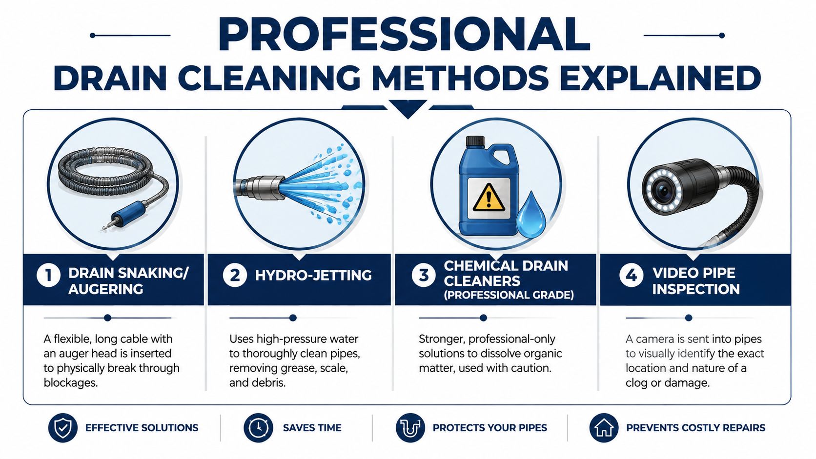 An infographic showing four professional drain cleaning methods including snaking, hydro-jetting, chemical cleaners, and video inspections.
