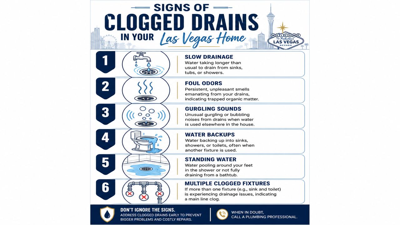 An infographic titled Signs of Clogged Drains in Your Las Vegas Home illustrating six common plumbing warning signs.
