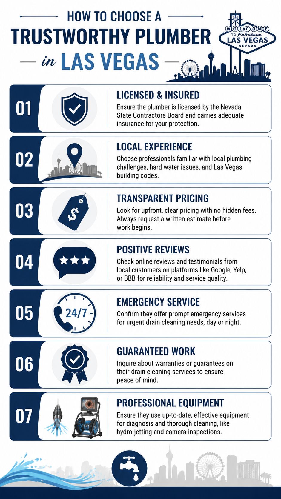 An infographic titled How to Choose a Trustworthy Plumber in Las Vegas featuring seven essential tips.