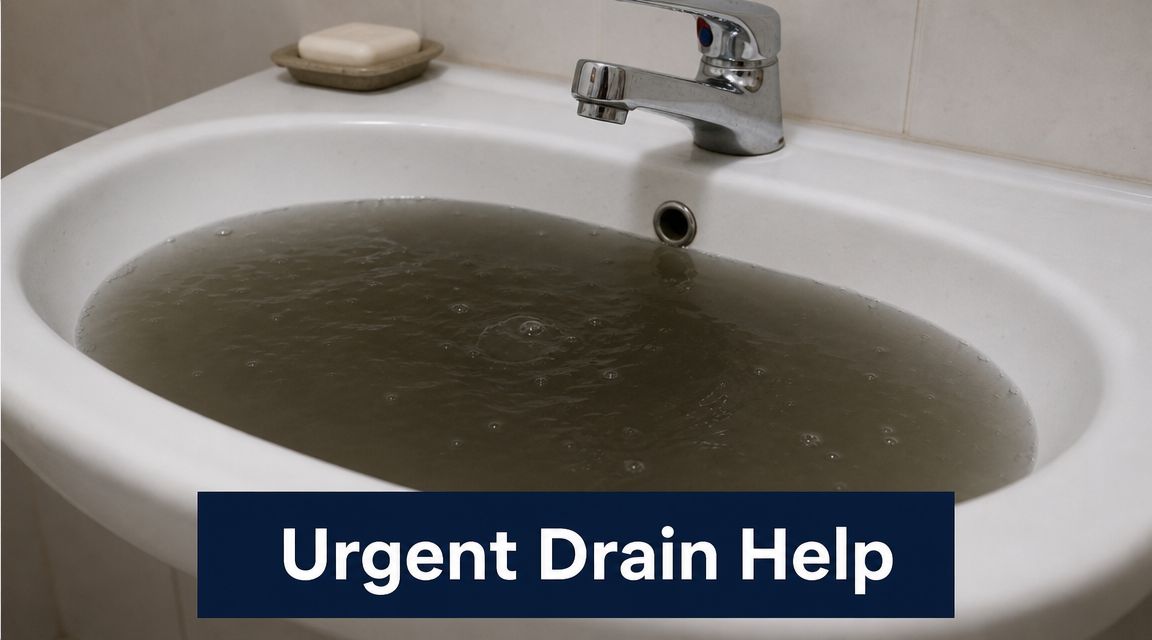 A bathroom sink filled with murky, stagnant water indicating a serious plumbing drain blockage problem.