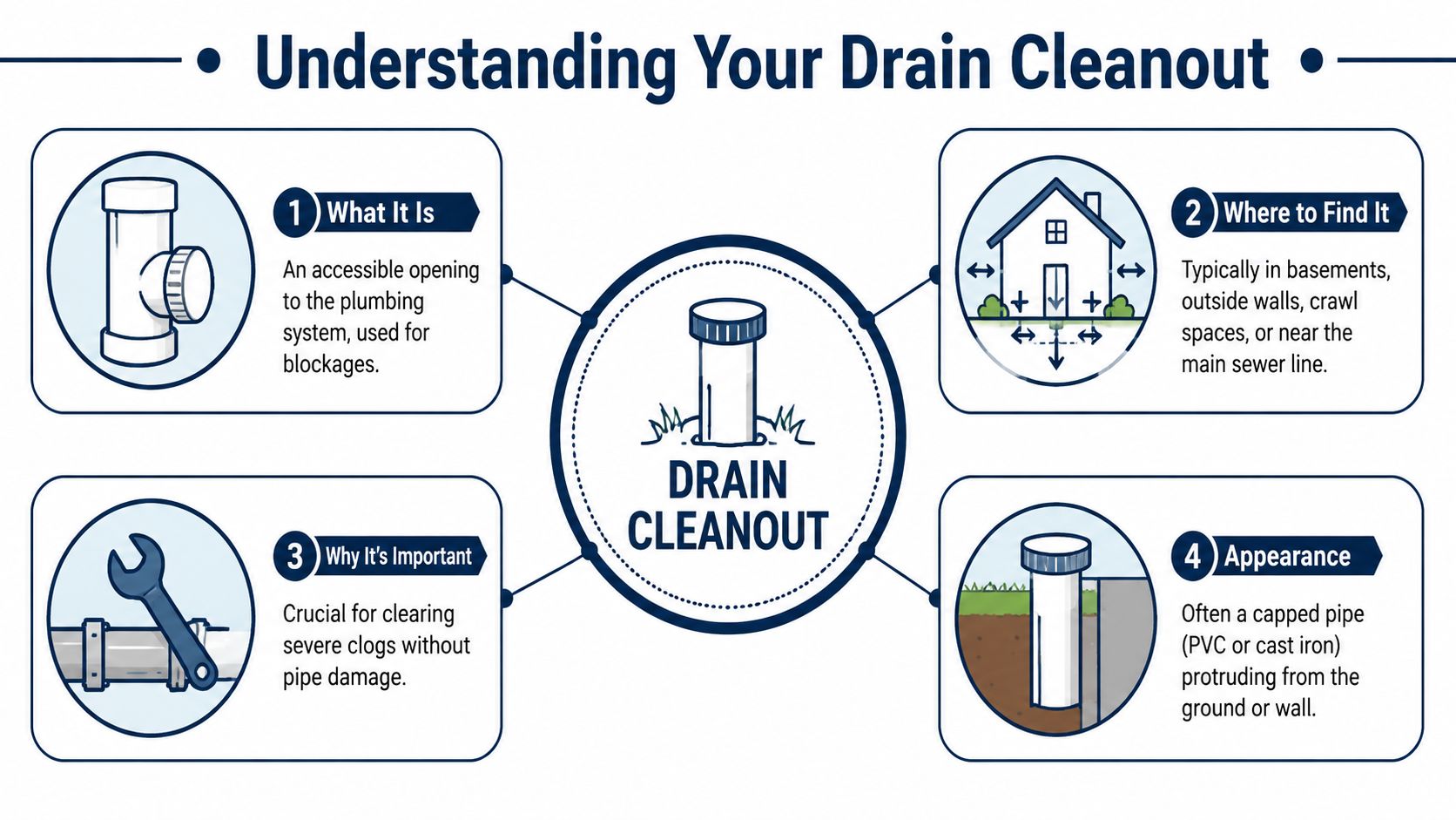 An infographic explaining what a drain cleanout is, where to find it, why it is important, and its appearance.