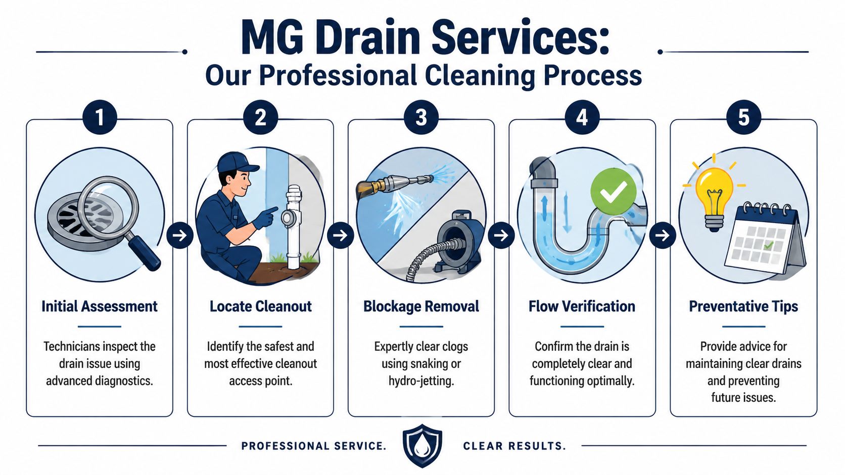 A five-step infographic illustrating the professional drain cleaning process from initial assessment to preventative maintenance tips.