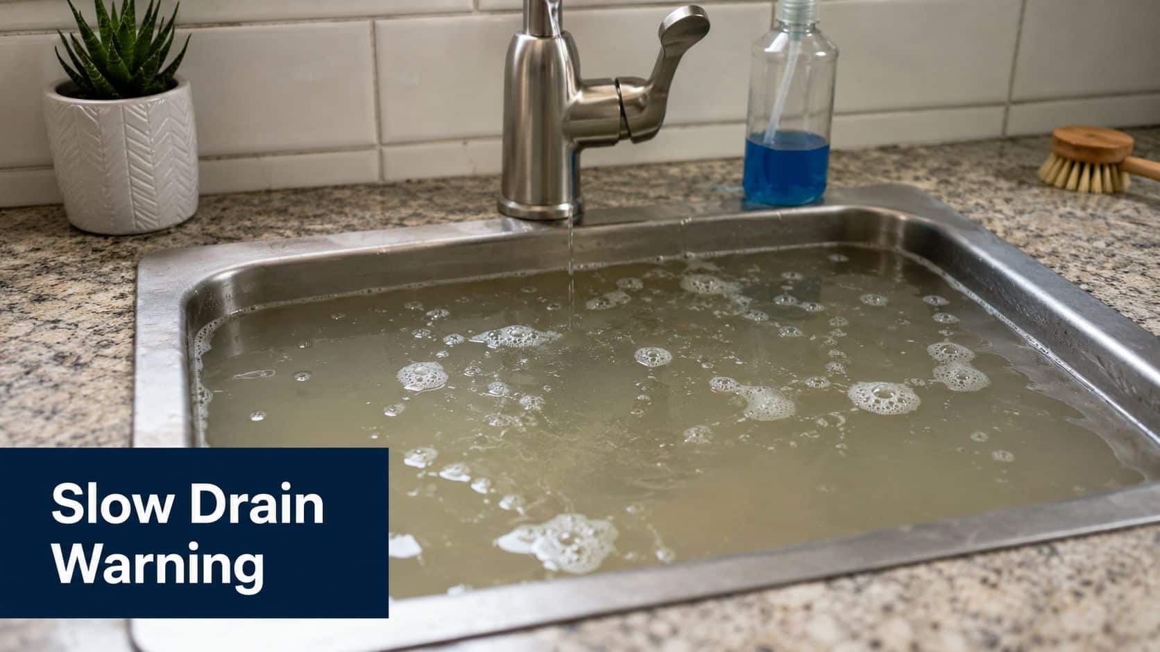 A stainless steel kitchen sink filled with murky, stagnant water indicating a serious slow drain issue.