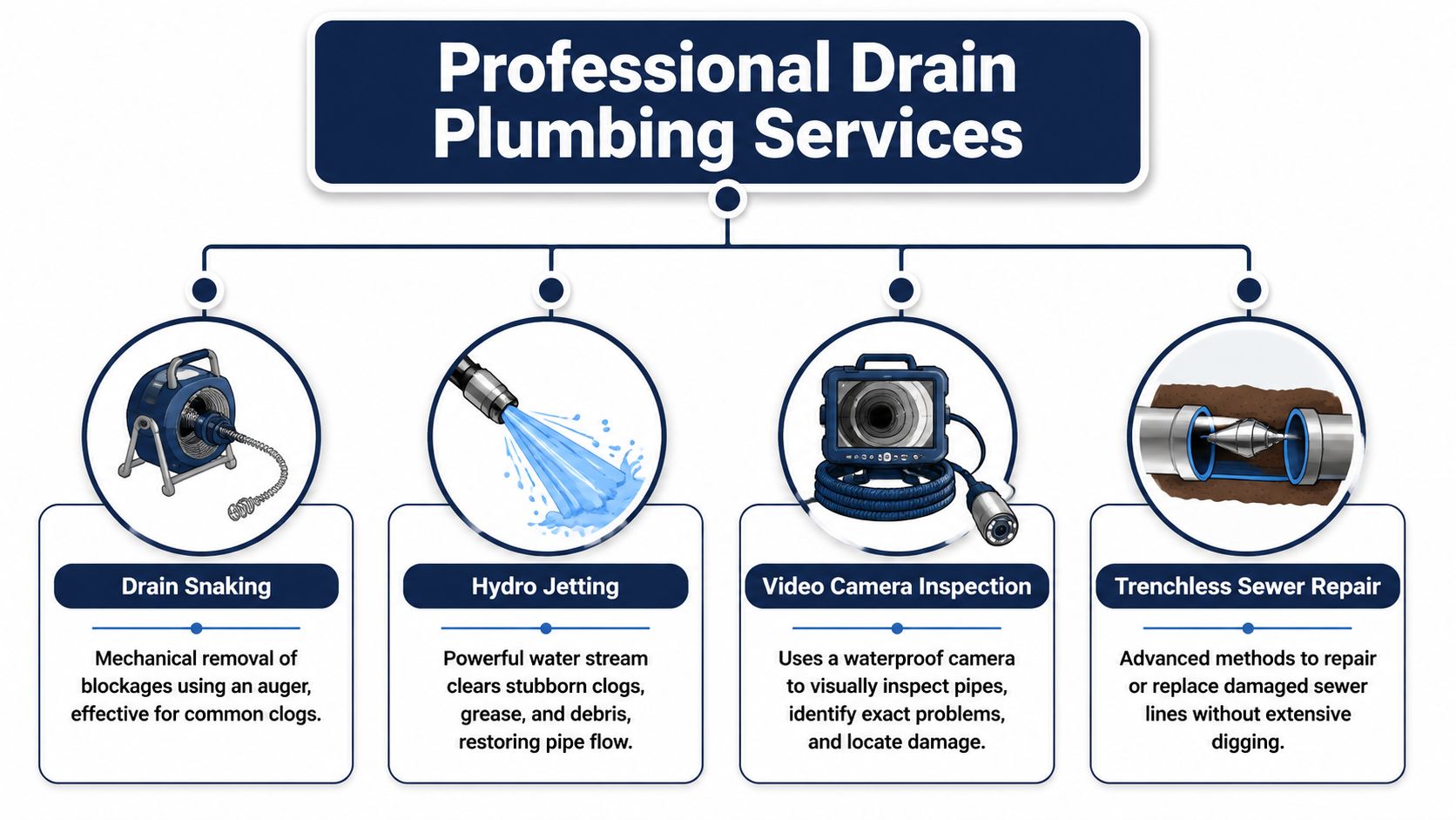 A professional infographic showcasing four essential drain plumbing services: drain snaking, hydro jetting, video camera inspection, and trenchless repair.
