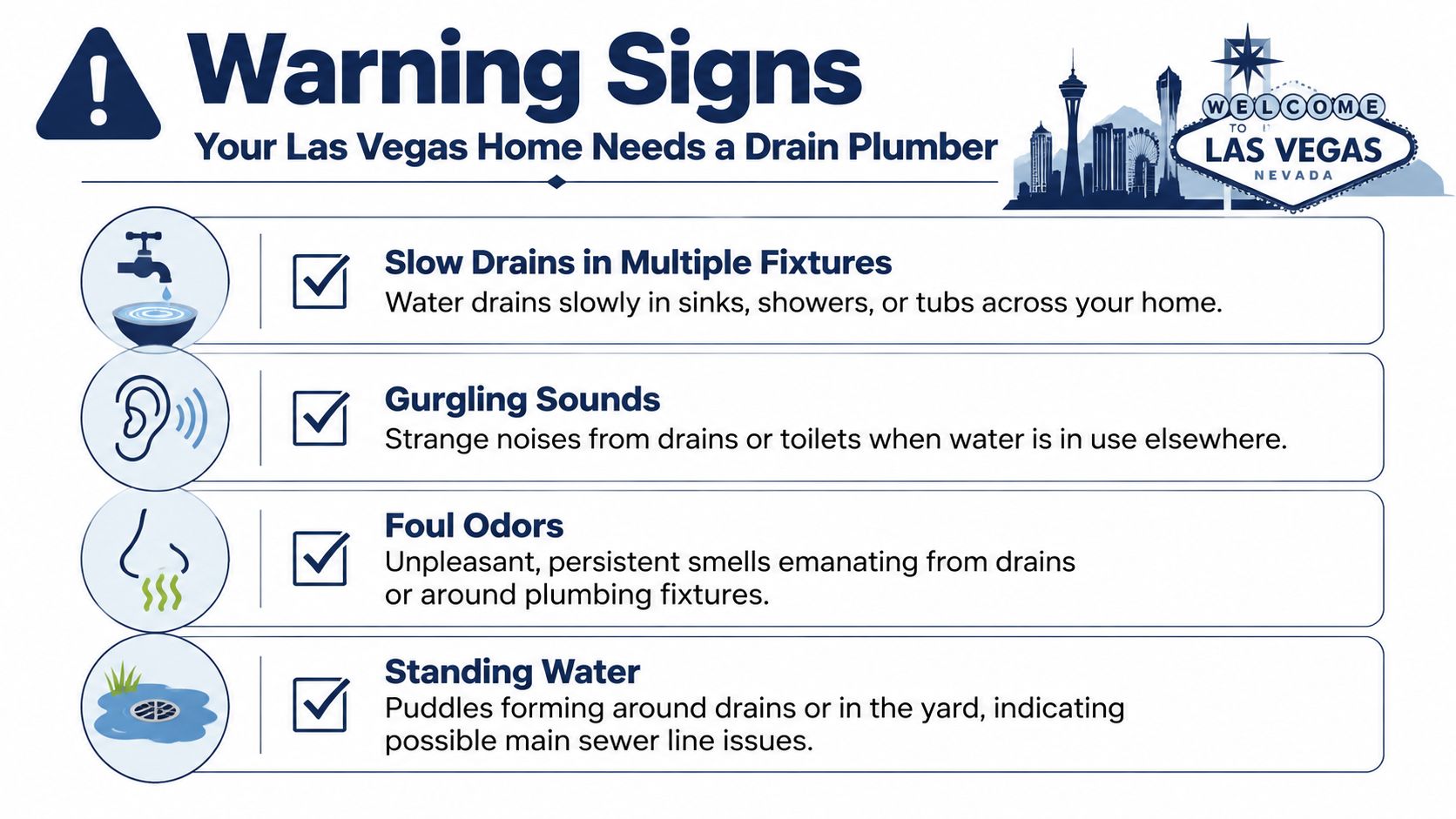 A warning sign infographic listing common plumbing issues that indicate a Las Vegas home needs a drain plumber.