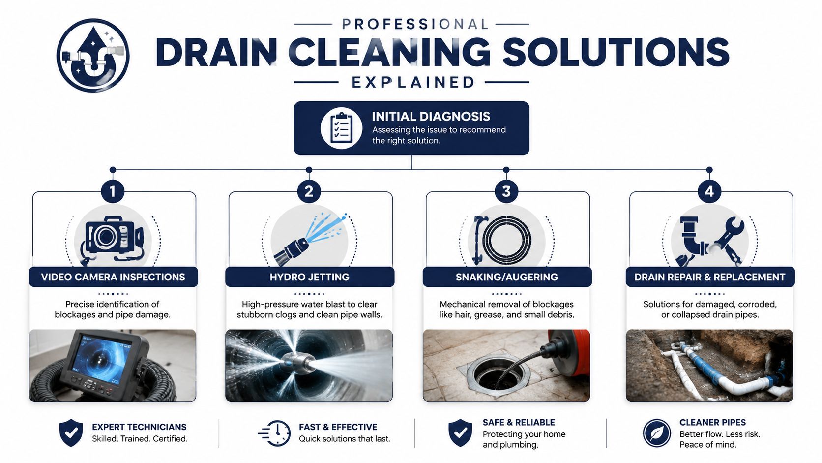 A professional infographic illustrating drain cleaning solutions including camera inspection, hydro jetting, snaking, and pipe replacement.