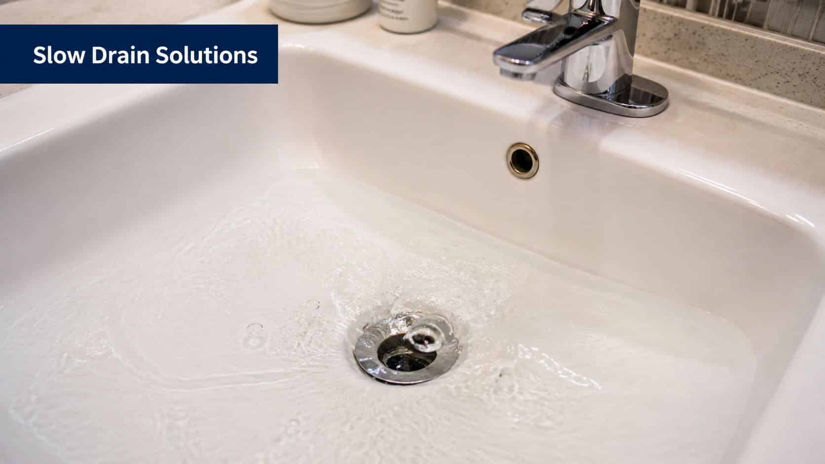 A close-up of a white bathroom sink filled with water, highlighting a slow drainage plumbing issue.