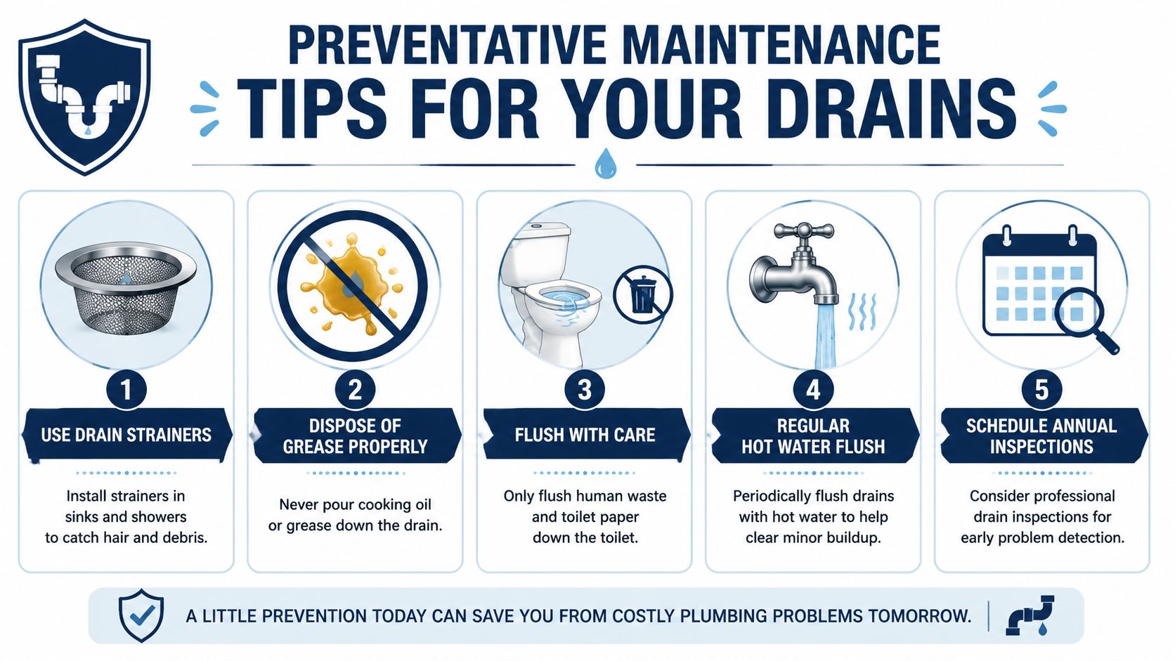 An infographic titled Preventative Maintenance Tips for Your Drains featuring five essential plumbing care steps for homeowners.