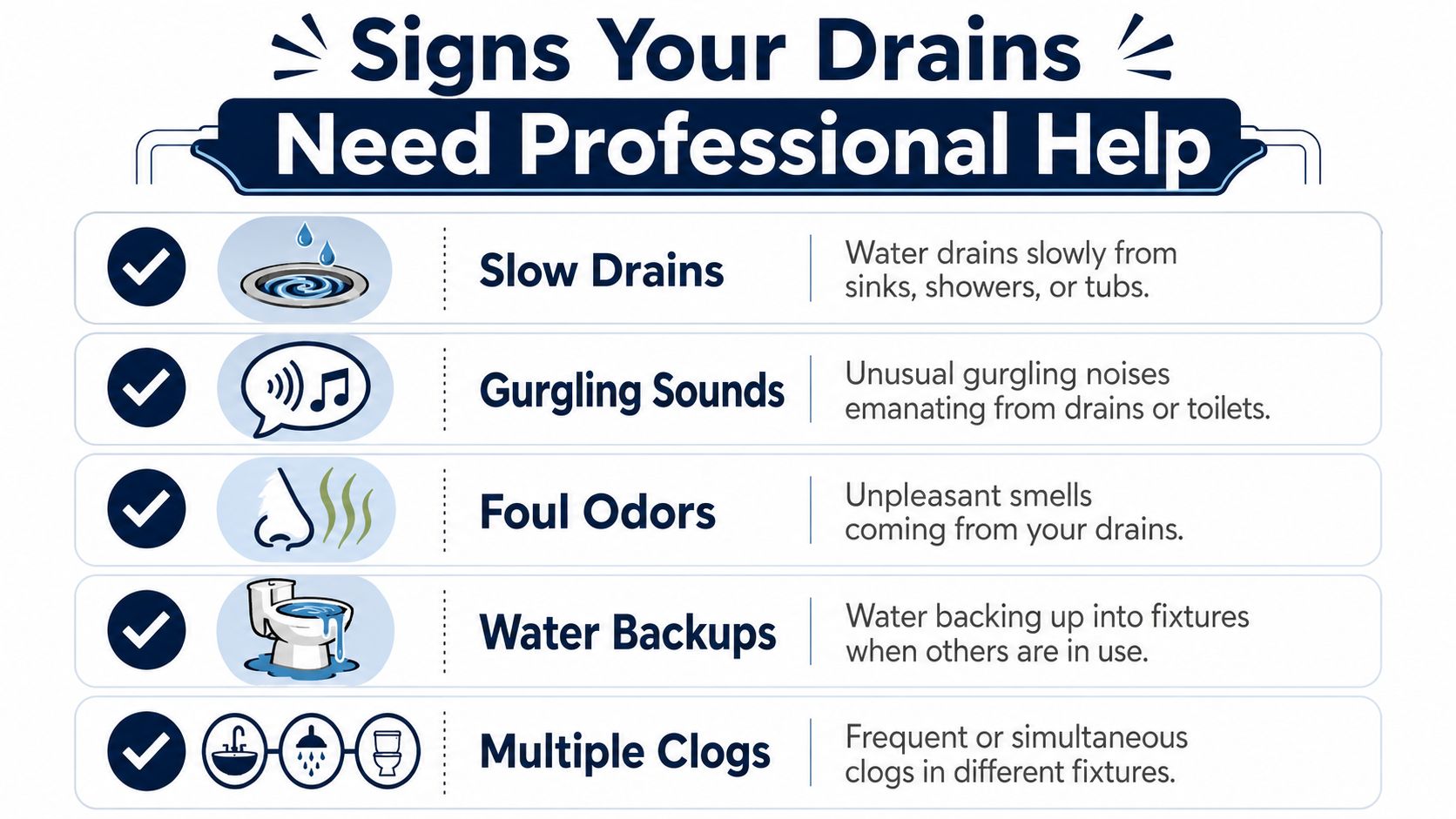 An infographic titled Signs Your Drains Need Professional Help listing five common household plumbing warning signs.