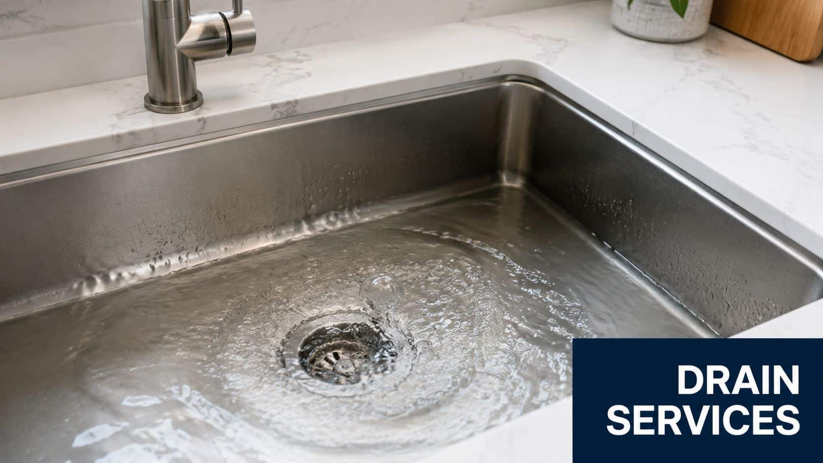 A stainless steel kitchen sink filling with water, highlighting professional drain services and plumbing solutions.