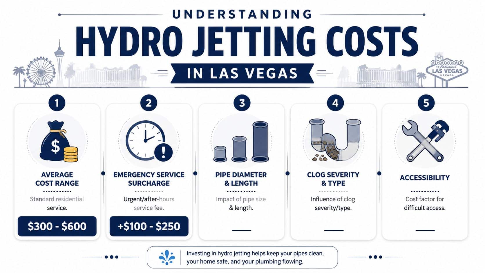 An infographic showing factors affecting hydro jetting costs in Las Vegas, including average price ranges and surcharges.