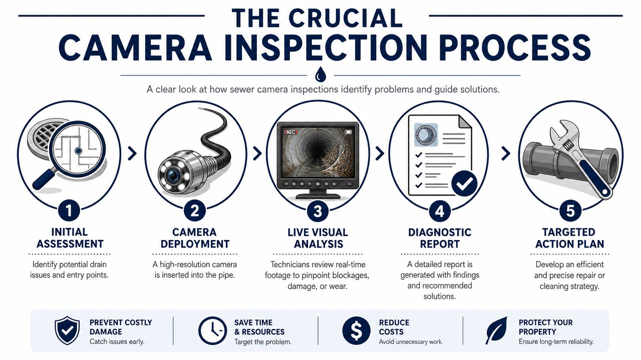 A step-by-step infographic illustrating the five stages of a professional sewer camera inspection process for plumbing.