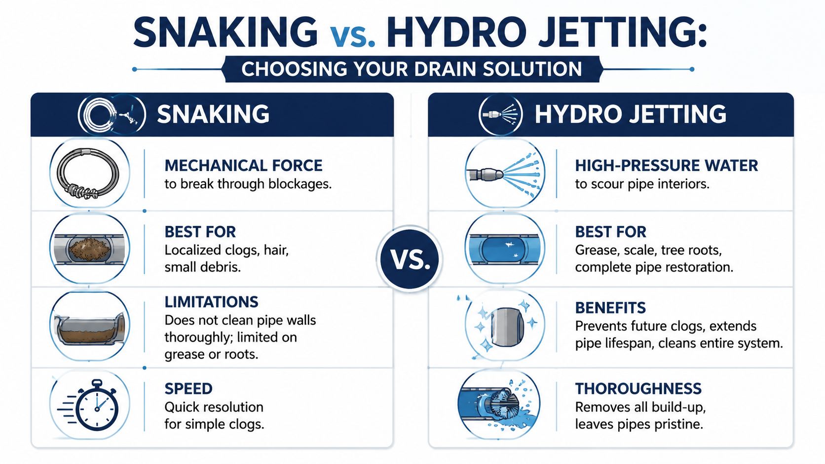 A comparison infographic between plumbing drain snaking and hydro jetting techniques for home maintenance.