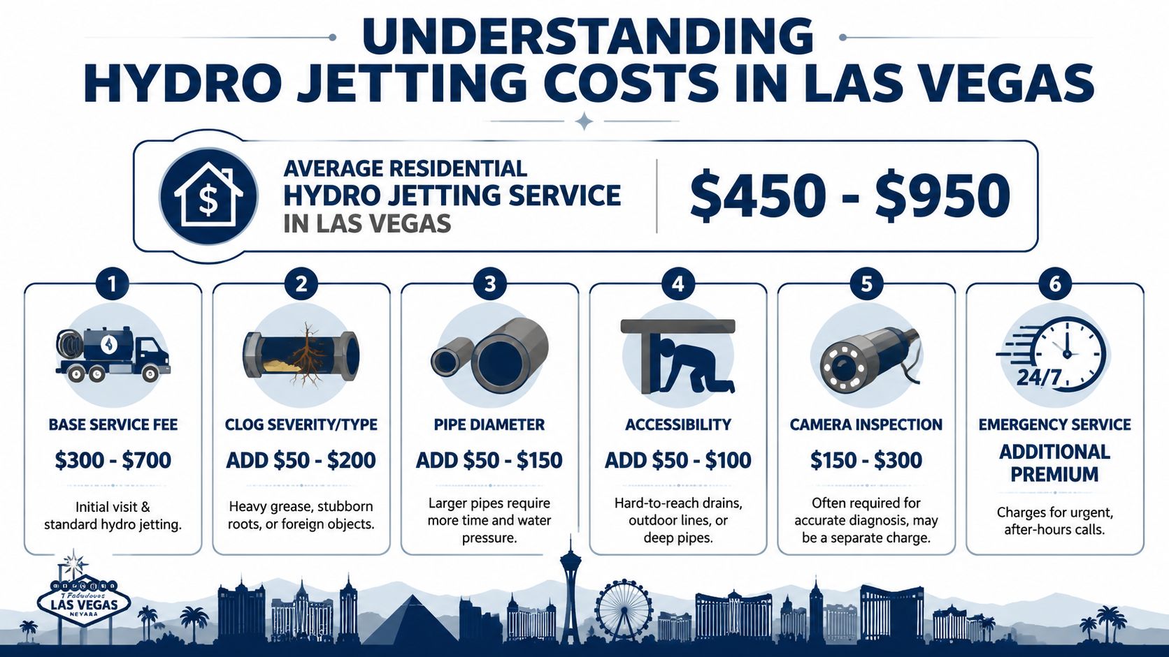 An infographic detailing the average costs of residential hydro jetting plumbing services in Las Vegas, Nevada.