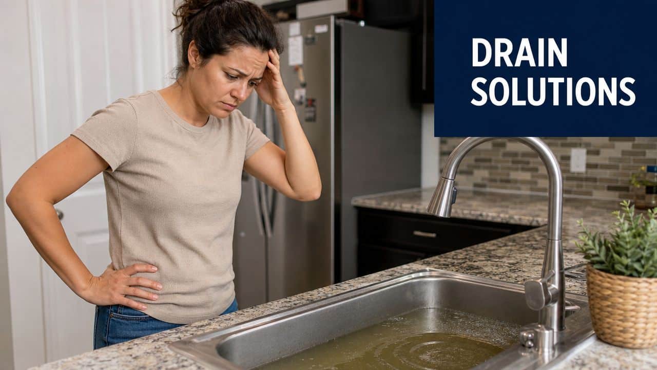 A woman looks frustrated at a clogged kitchen sink filled with dirty water in her home.