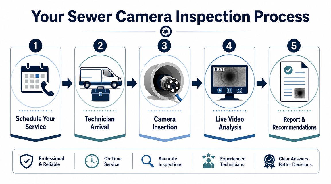 A five-step infographic showing the sewer camera inspection process from scheduling to the final report.