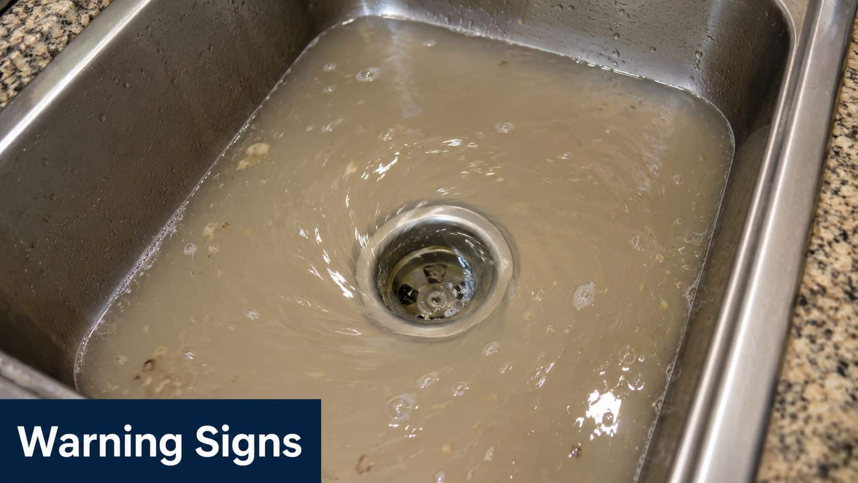 A stainless steel kitchen sink filled with dirty, standing water showing signs of a clogged drain.