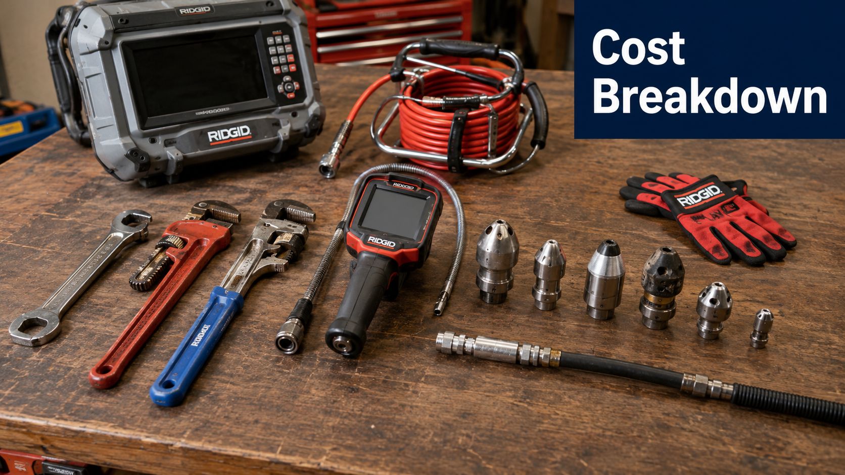 An assortment of professional Ridgid pipe inspection and plumbing cleaning tools laid out on a wooden table.
