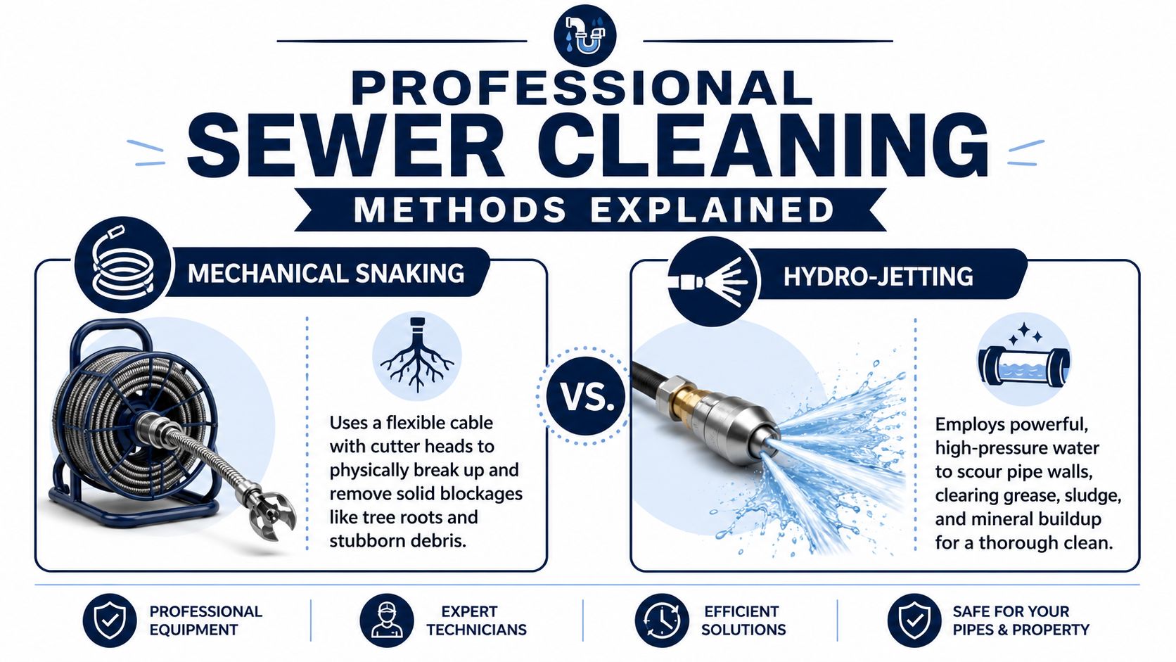 A comparison infographic between mechanical snaking and hydro-jetting methods for professional sewer line cleaning services.