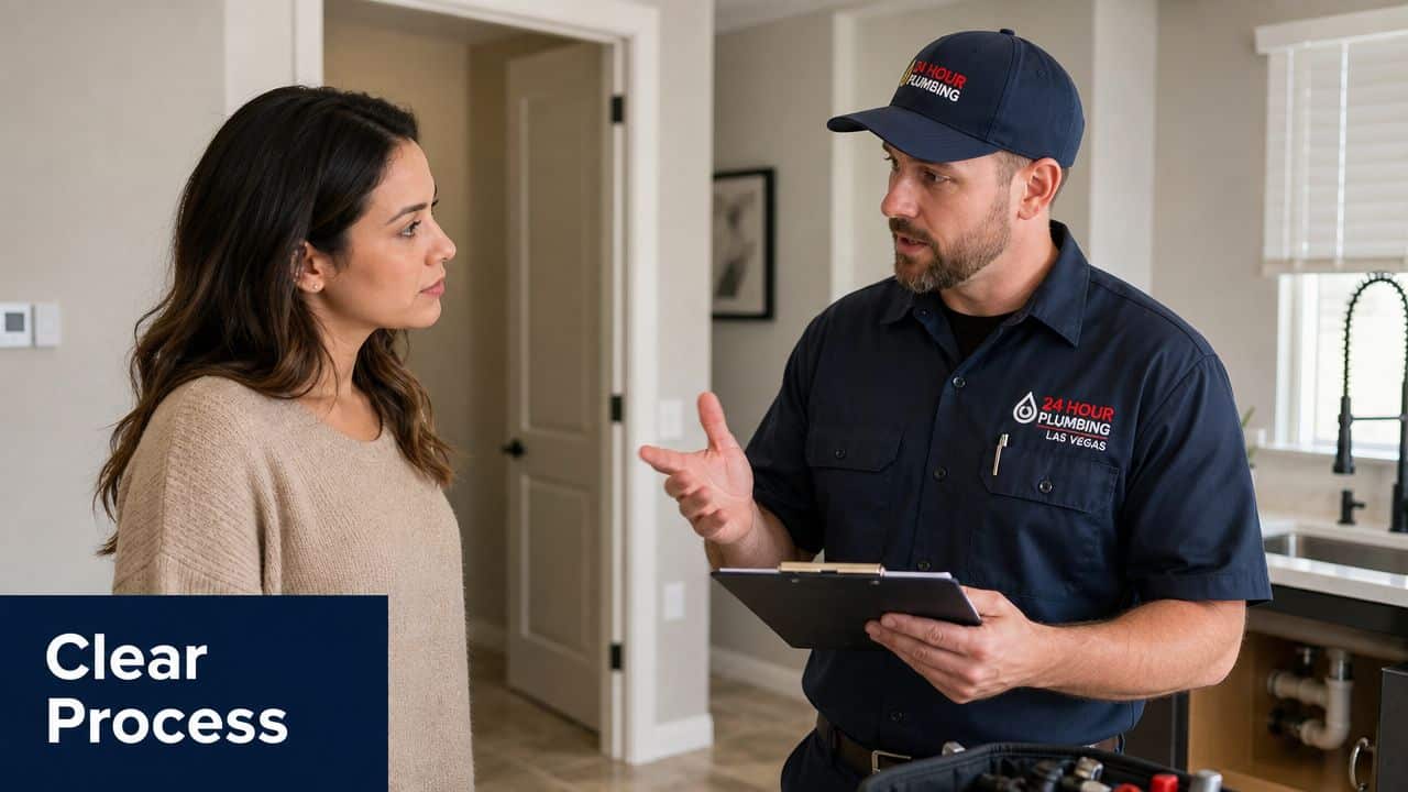 A professional 24 Hour Plumbing Las Vegas technician discusses a repair plan with a female homeowner.