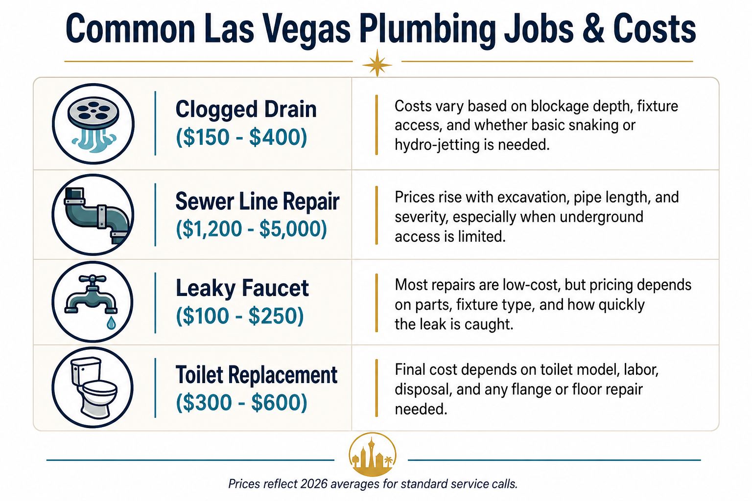 A chart detailing 2026 average plumbing repair costs in Las Vegas for common household services and issues.