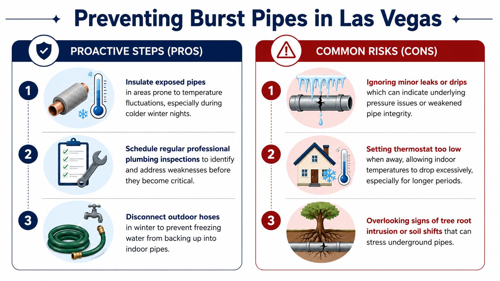 An infographic detailing proactive steps to prevent and common risks that cause burst pipes in Las Vegas.