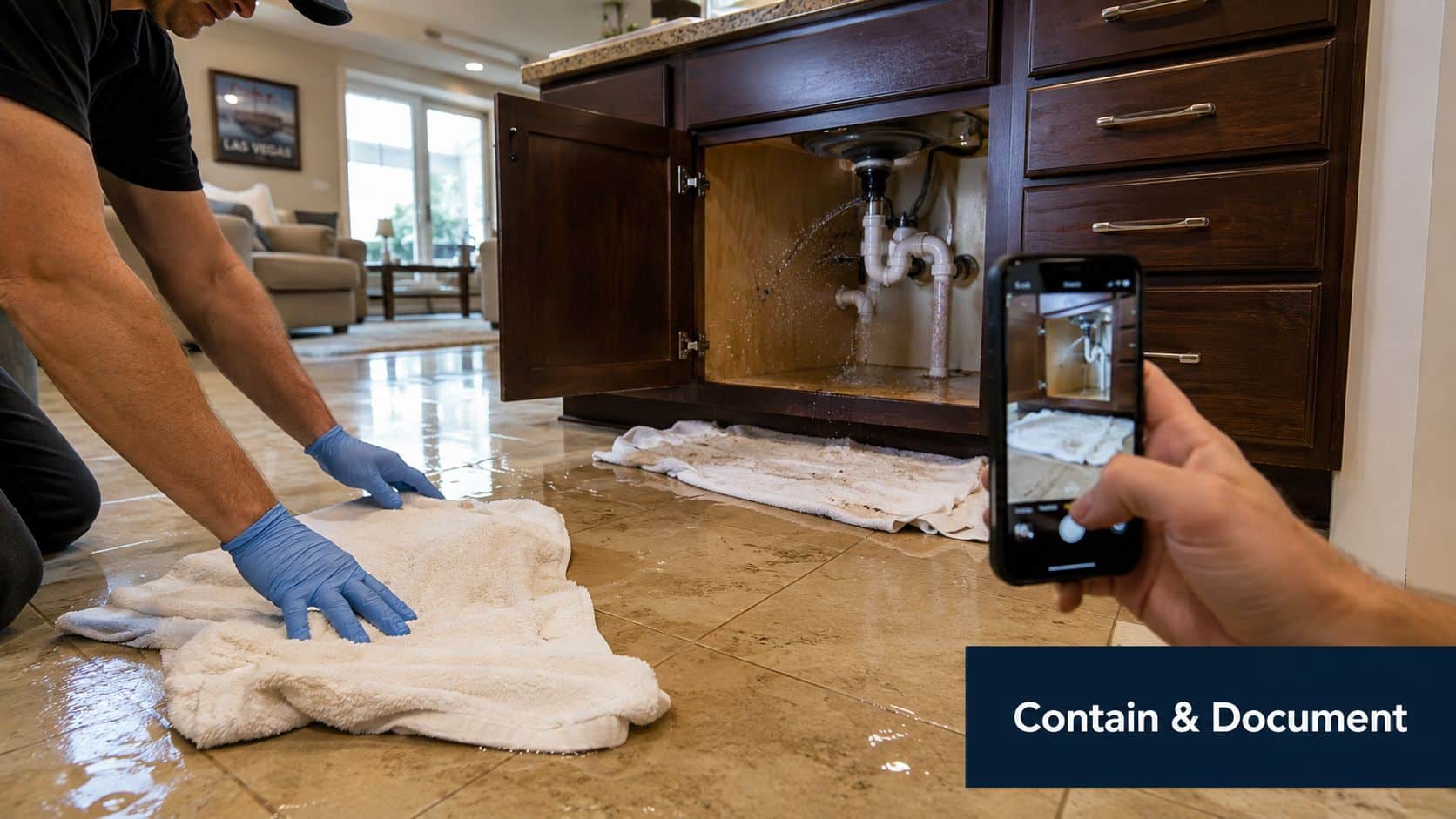 A professional plumber documenting a leaking kitchen pipe while using towels to contain water on the floor.