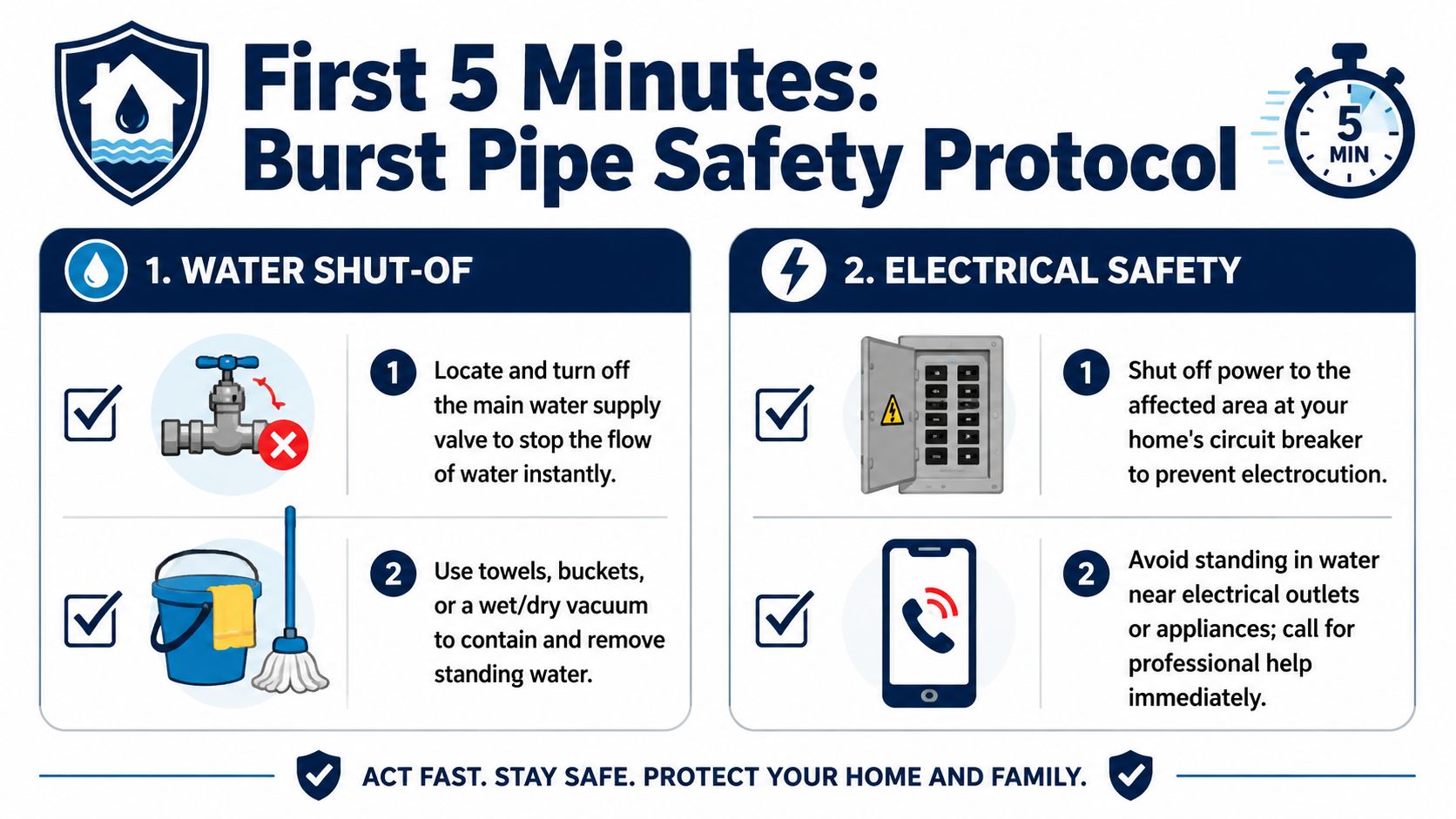An infographic showing a two-step safety protocol for managing a burst pipe, focusing on water and electrical safety.