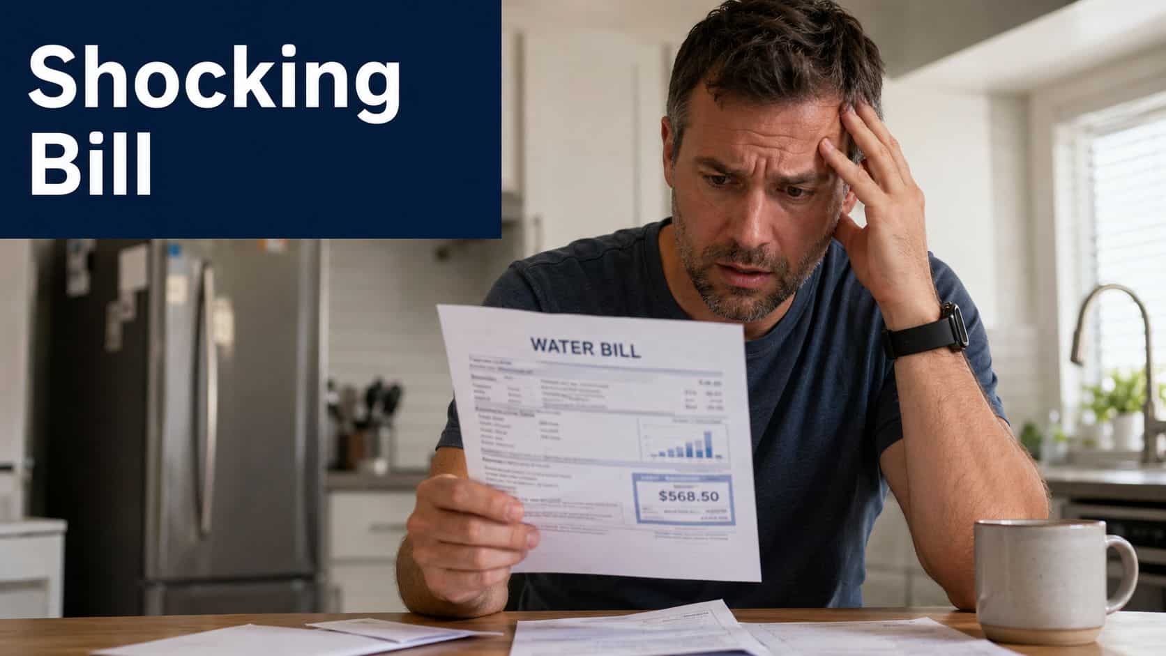 A concerned man sitting at a kitchen table while looking at an unexpectedly high water bill.