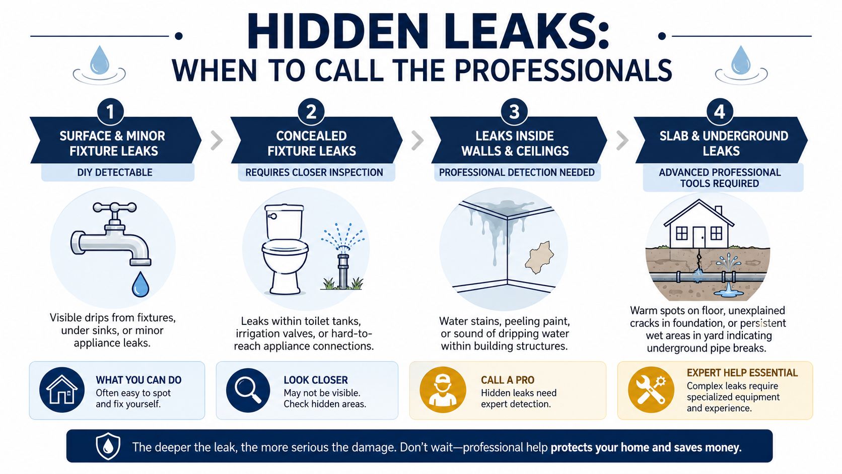 An infographic showing four levels of water leaks, ranging from surface drips to serious underground pipe breaks.