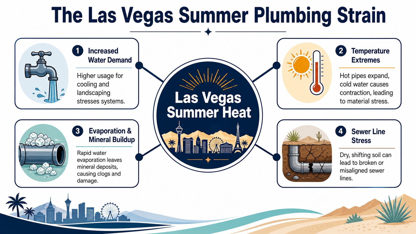 An infographic detailing four primary ways that extreme Las Vegas summer heat damages residential plumbing systems.