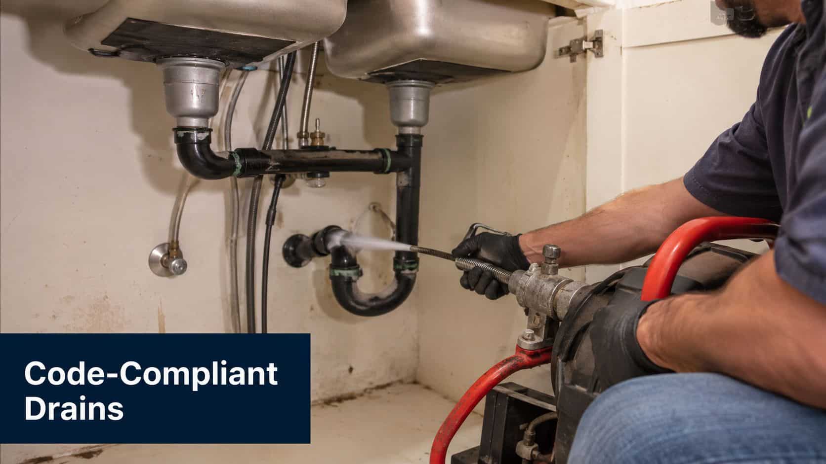 A professional plumber uses an industrial drain snake to clear a clogged kitchen sink drain pipe.